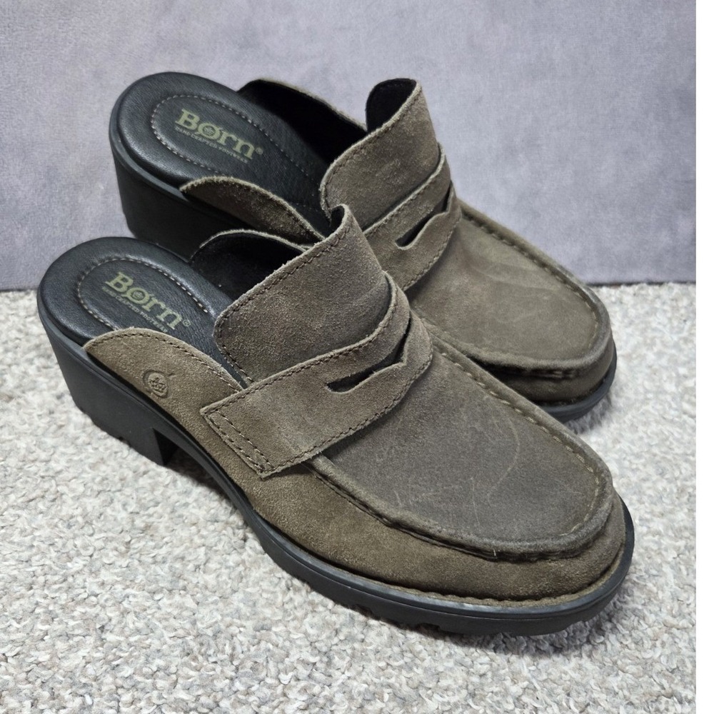 Born Gala Platform Loafer Mule Womens Size 7 Green Suede Leather 90s BR0050563